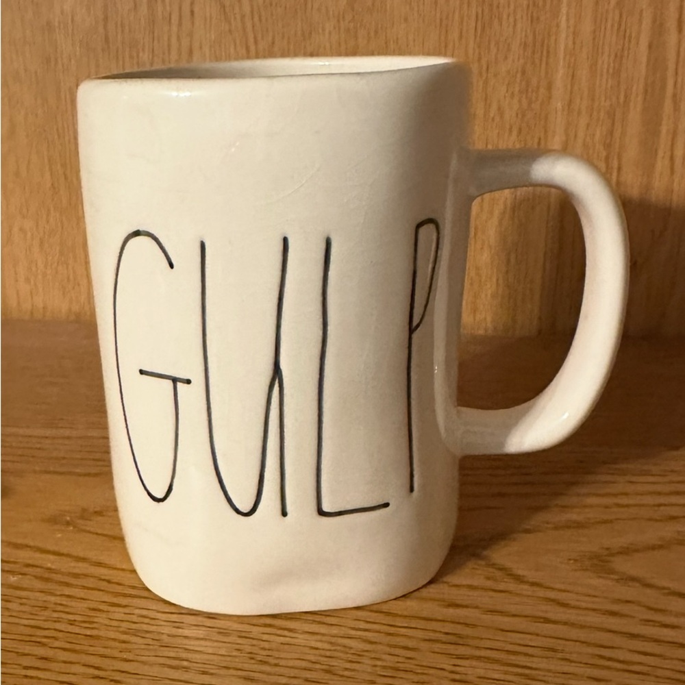 Rae Dunn White Ceramic Mug with 'GULP' Design and “M” stamp